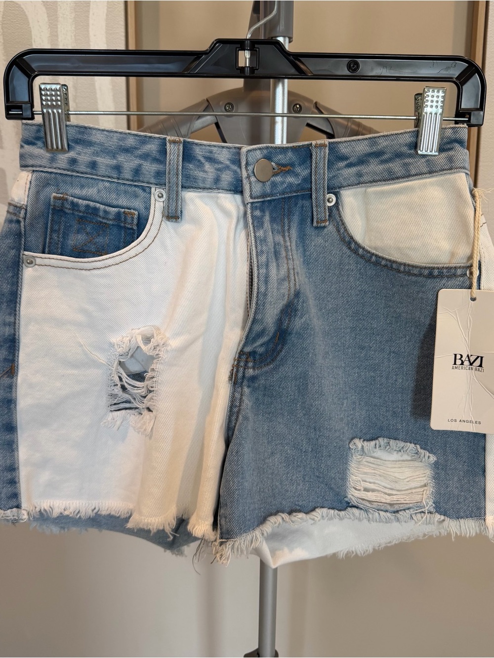 Two-Tone Distressed Denim Shorts - Blue & White